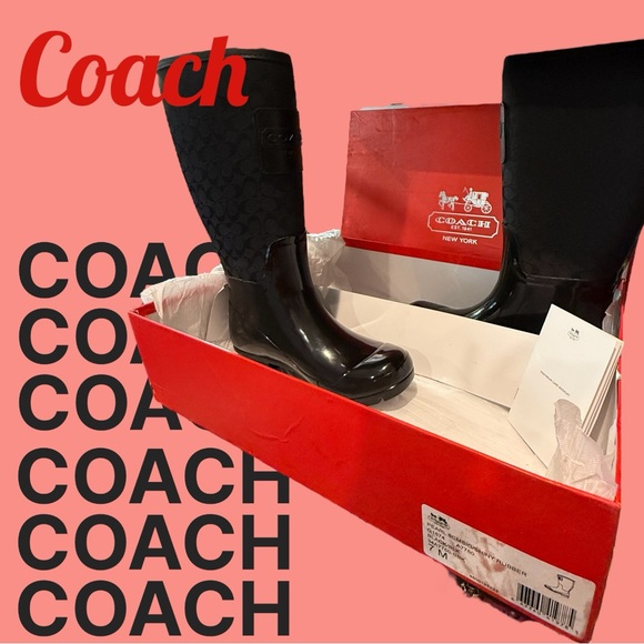 Coach New In Box Sz. 7 Pearl Monogram Signature Shiny Rubber Rain/Snow Boots NWT - Picture 5 of 14